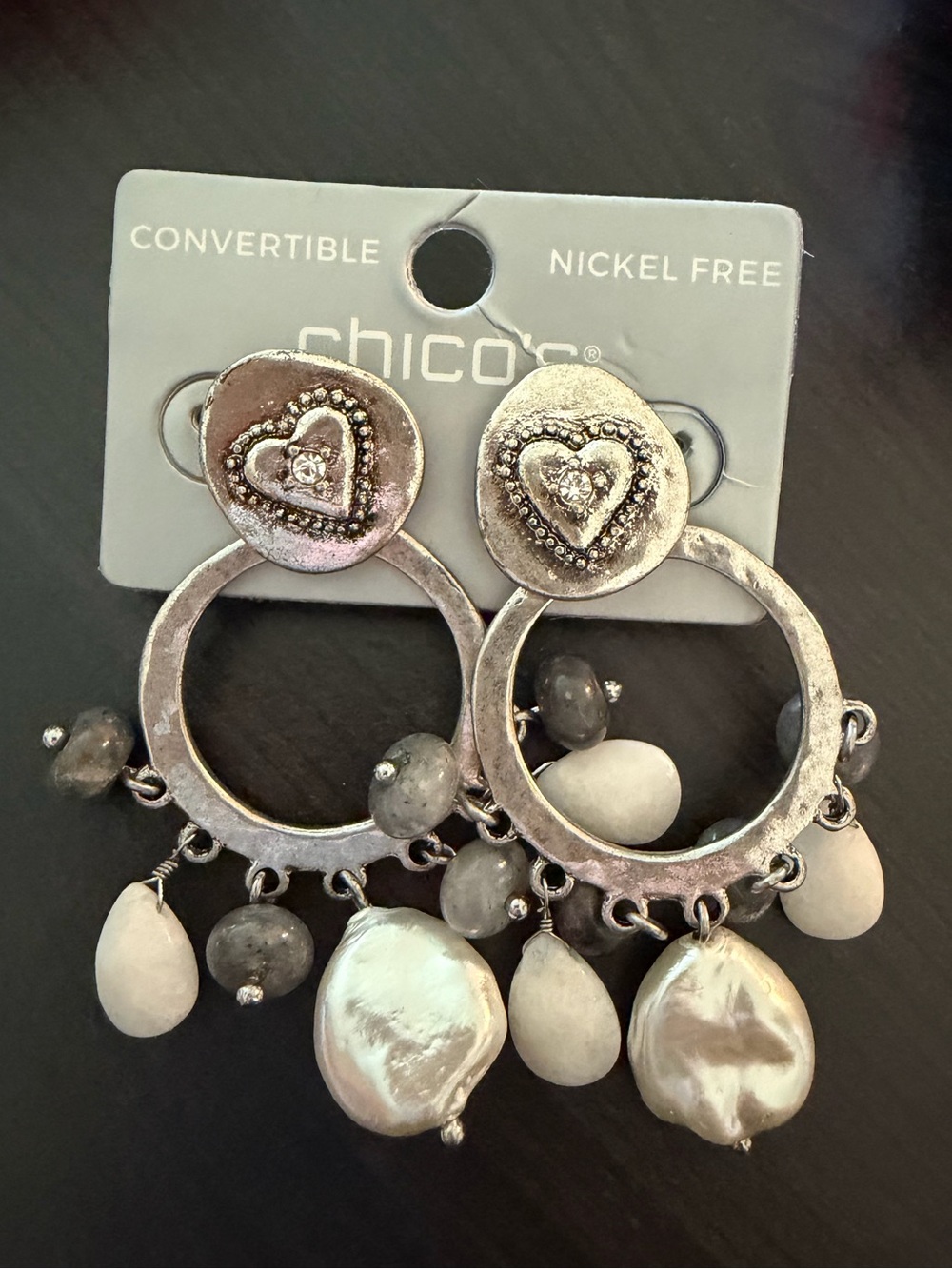 Chico's Convertible Nickel-Free Heart Hoop Dangle Earrings Imitation Pearl